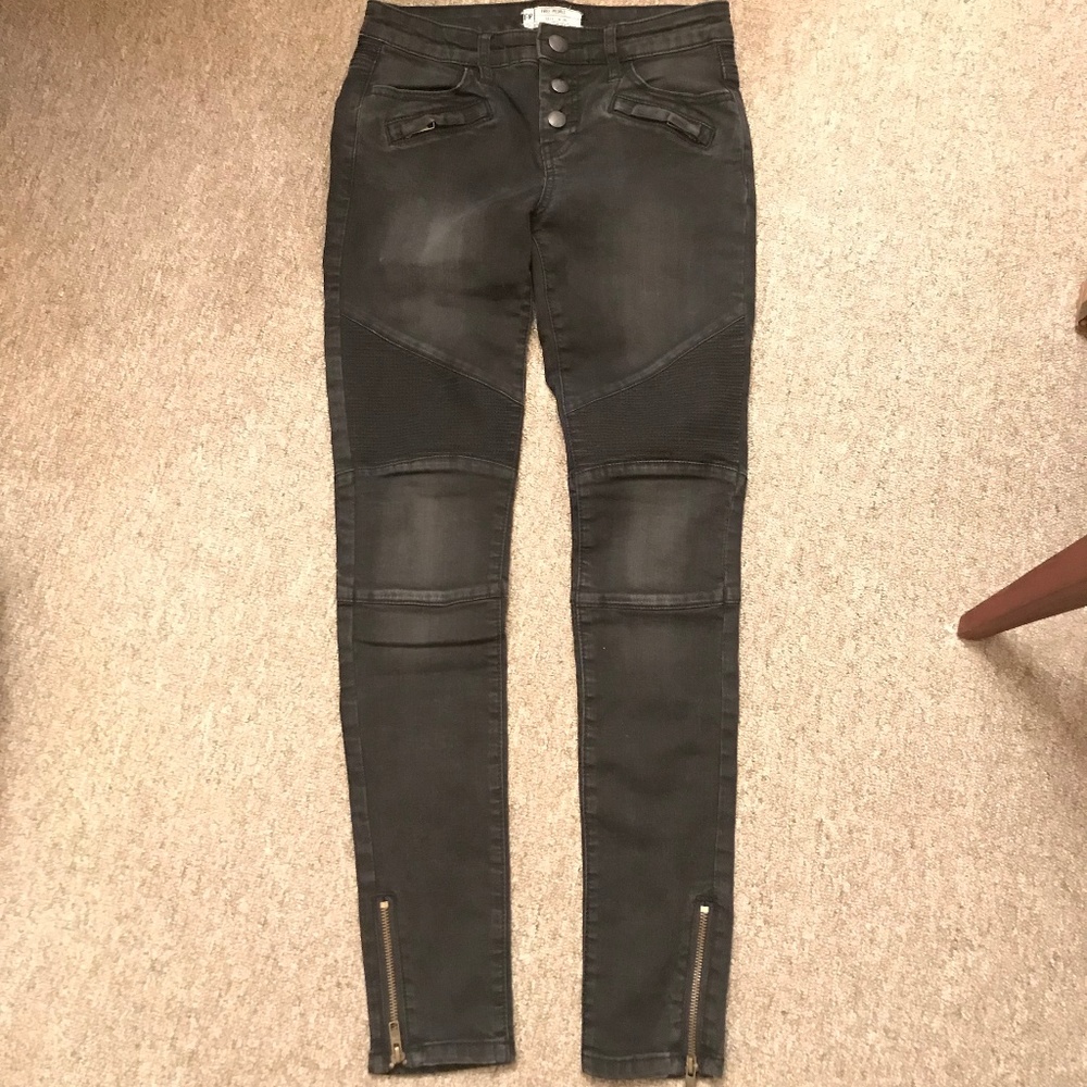 Free People  Button Front Moto Black Grey Jeans